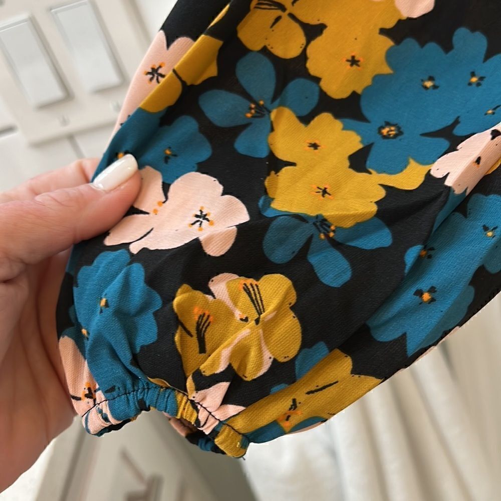 CAbi Teal and Mustard Flower Drop Favorite Bishop Sleeve Blouse NWOT sz Large - Picture 8 of 10